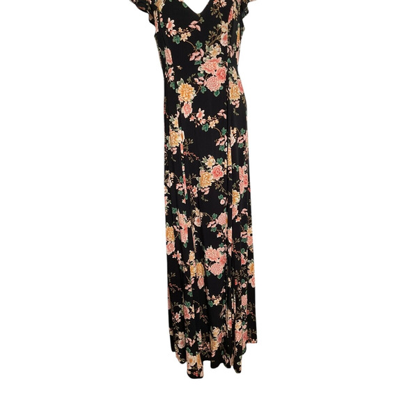 Forever 21 Womens Medium Black Floral Maxi Dress V Neck Cap Sleeve Contemporary - Picture 12 of 14